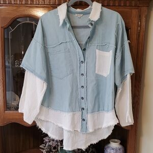 Blue and White Layered Button-Up Shirt